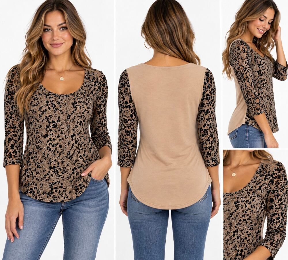 Panhandle Women’s XL Black Floral Lace Overlay Tunic Top Beige Boho Western
